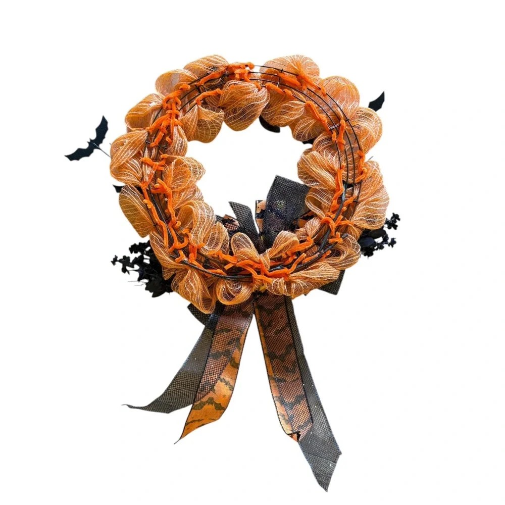 Halloween Orange & White Mesh Wreath with Black Flowers, Bats Ribbon Bow 20